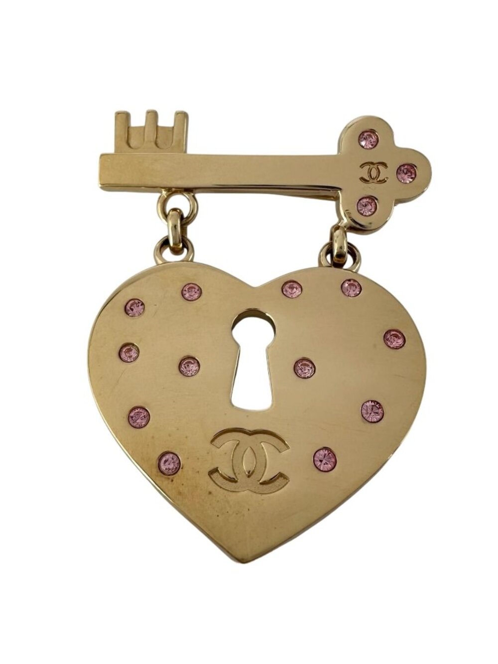 Chanel Heart Lock Gold Plated Pink Brooch